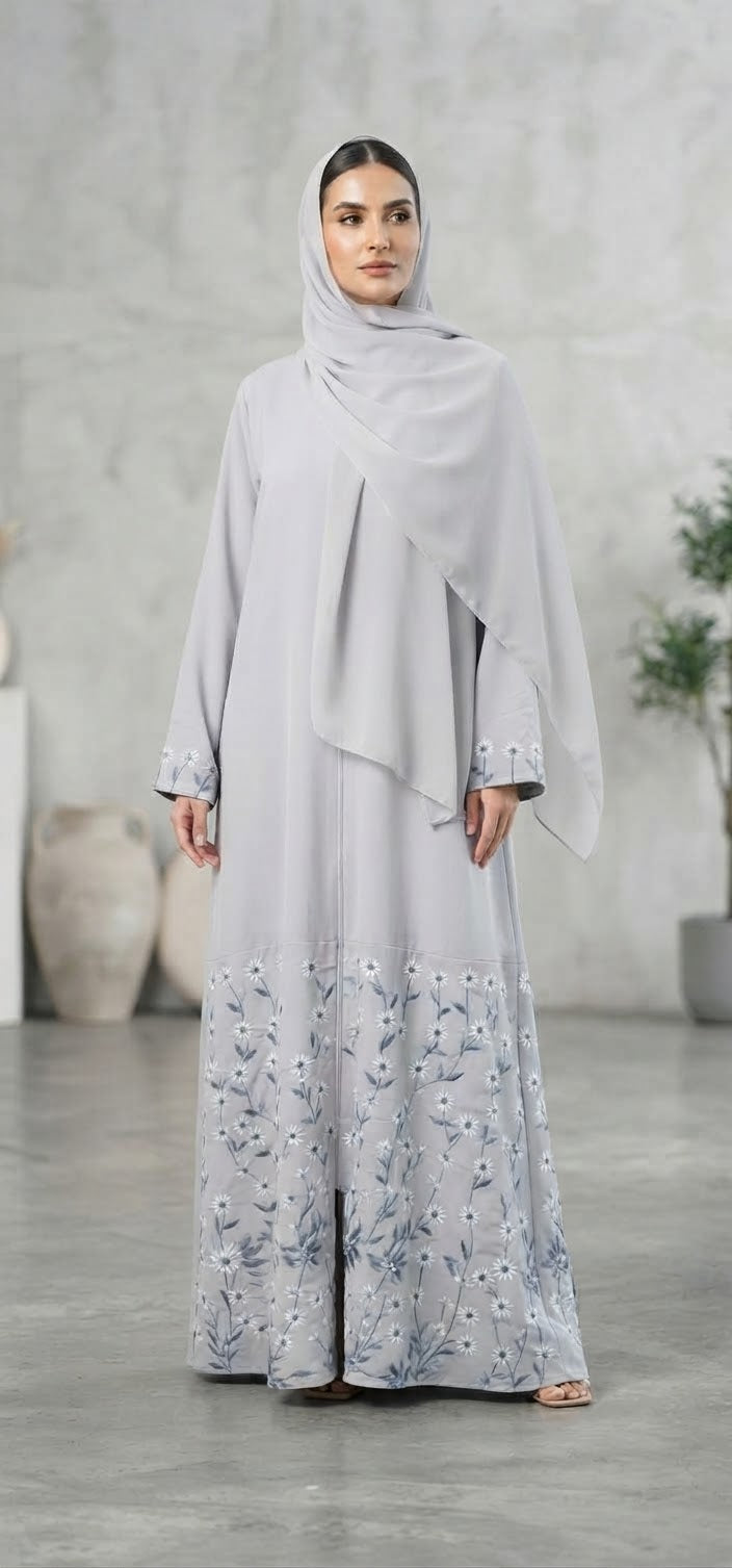 Open Abaya with Floral Embroidery