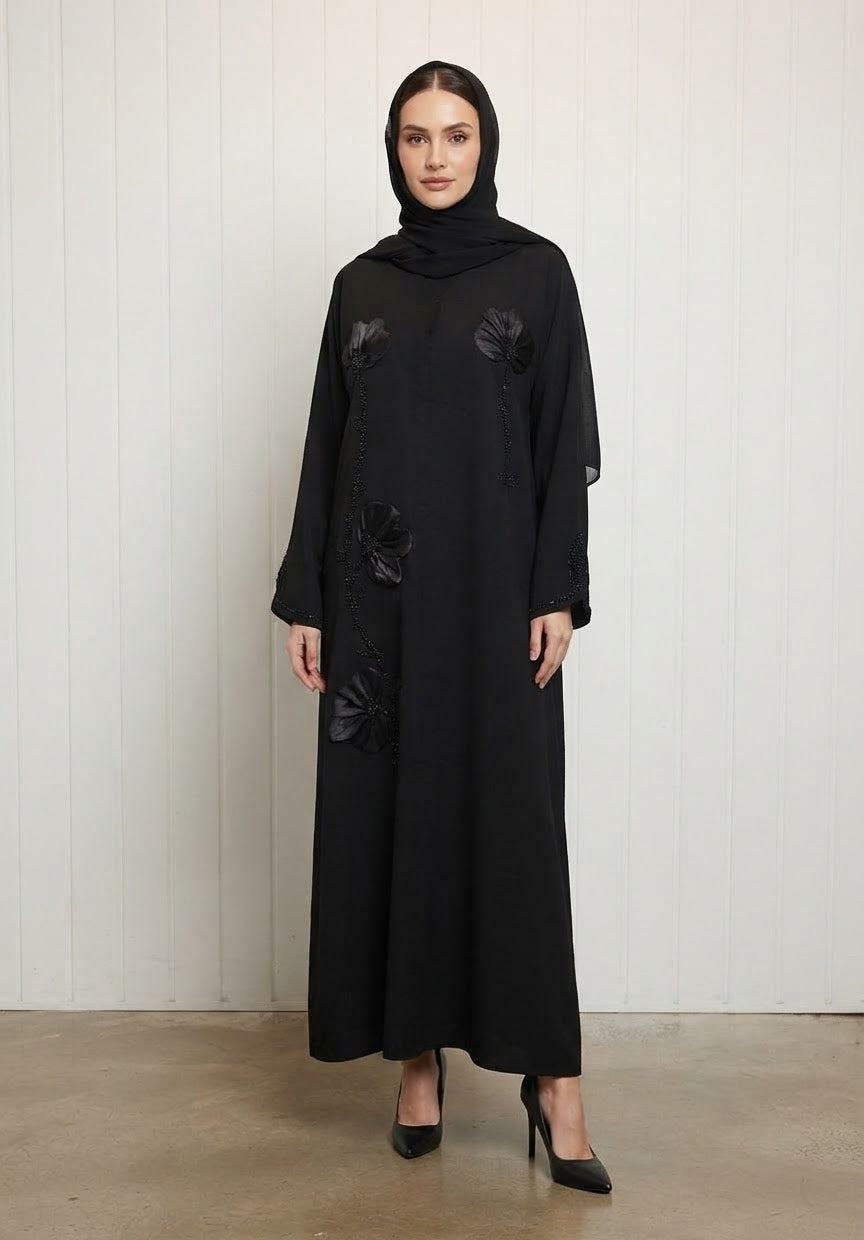 Elegant Black Open Abaya with 3D Floral Beadwork & Matching Chiffon Scarf