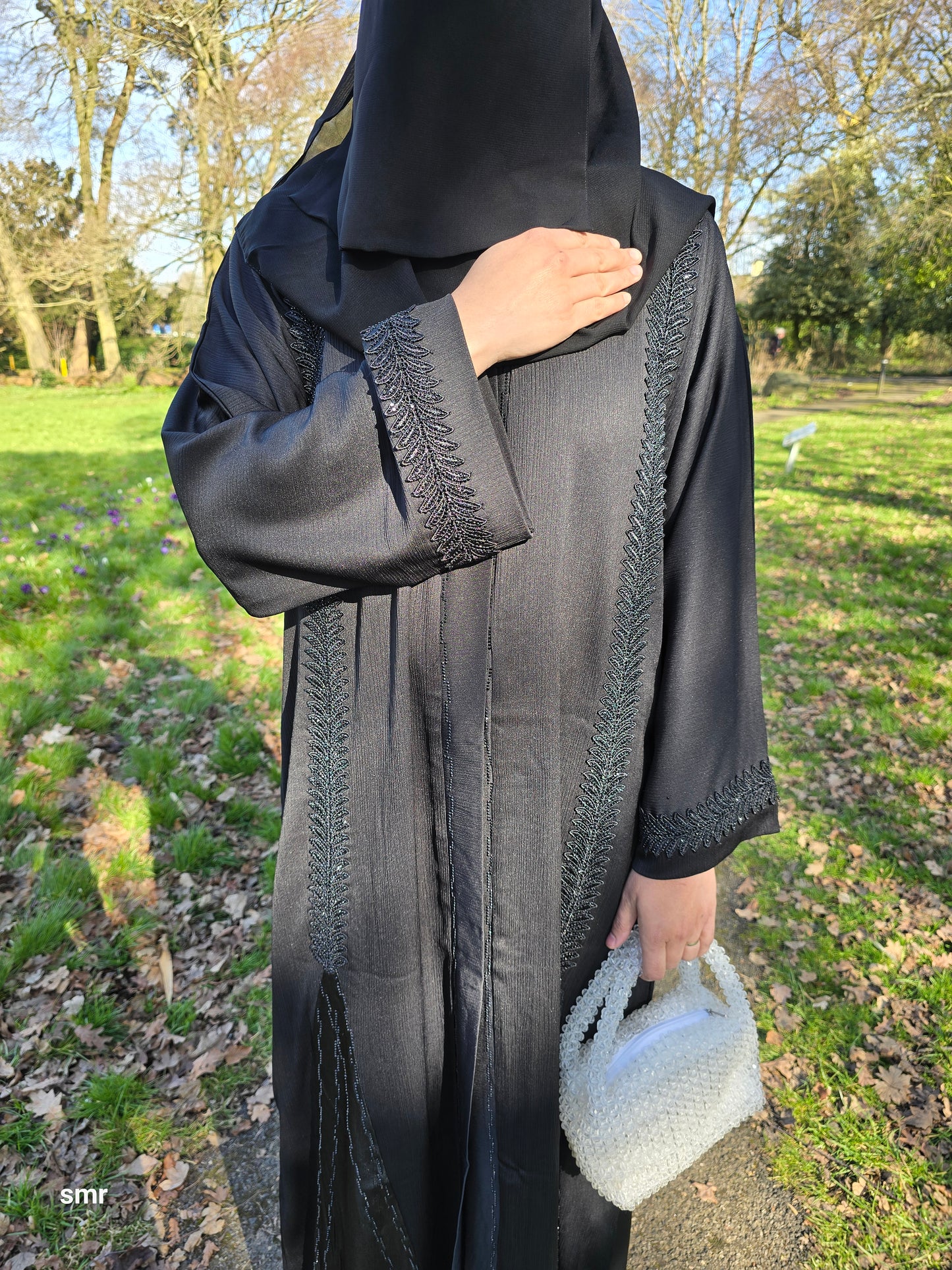 Eid Beautiful Emirati Lace Floral Buttons Open Abaya With Scarf And Belt