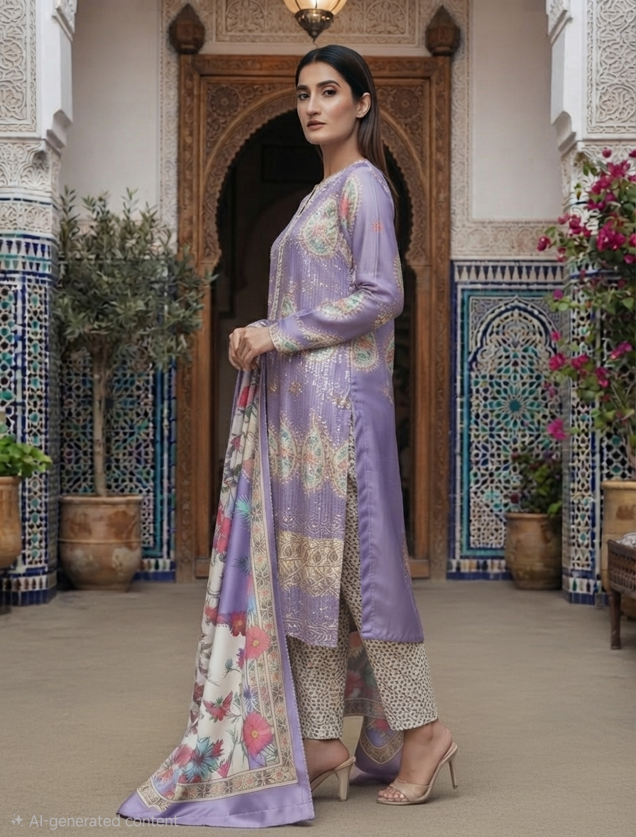Elegant Winter Three-Piece Print, Embroidery & Sequin Work Suit