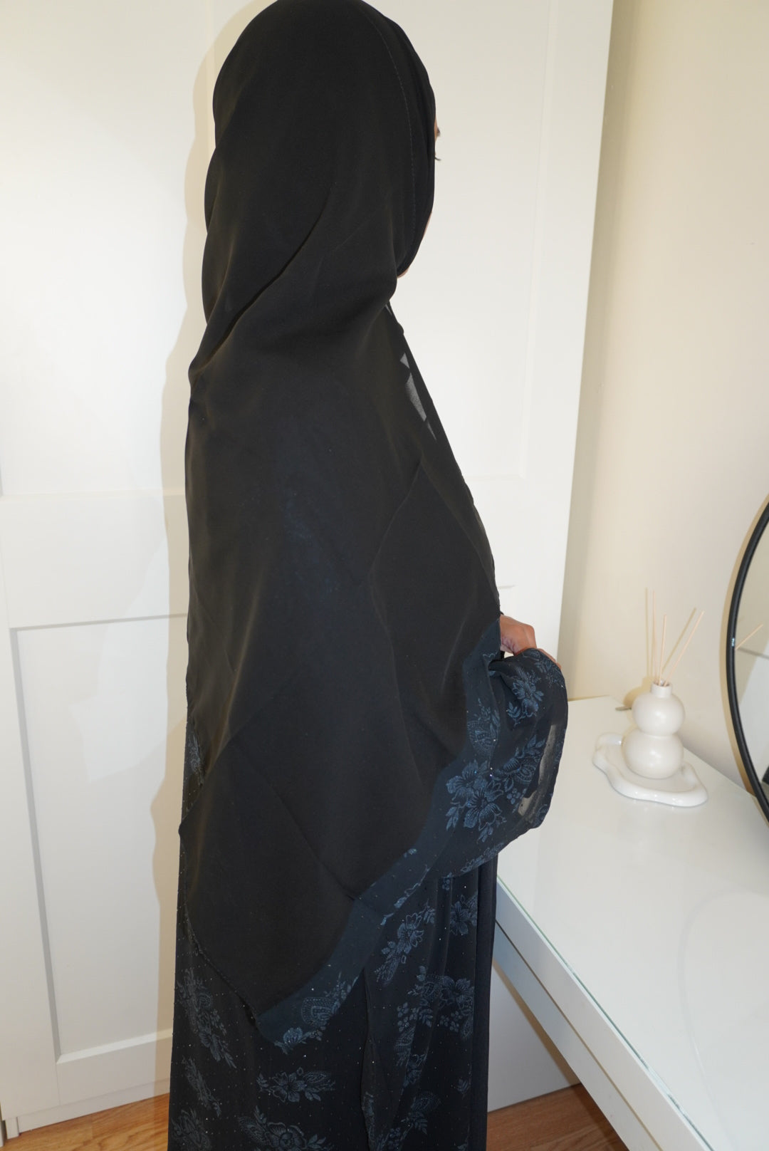 Fatisa Chiffon Gems Abaya with Black Scarf and Inner Slip Dress