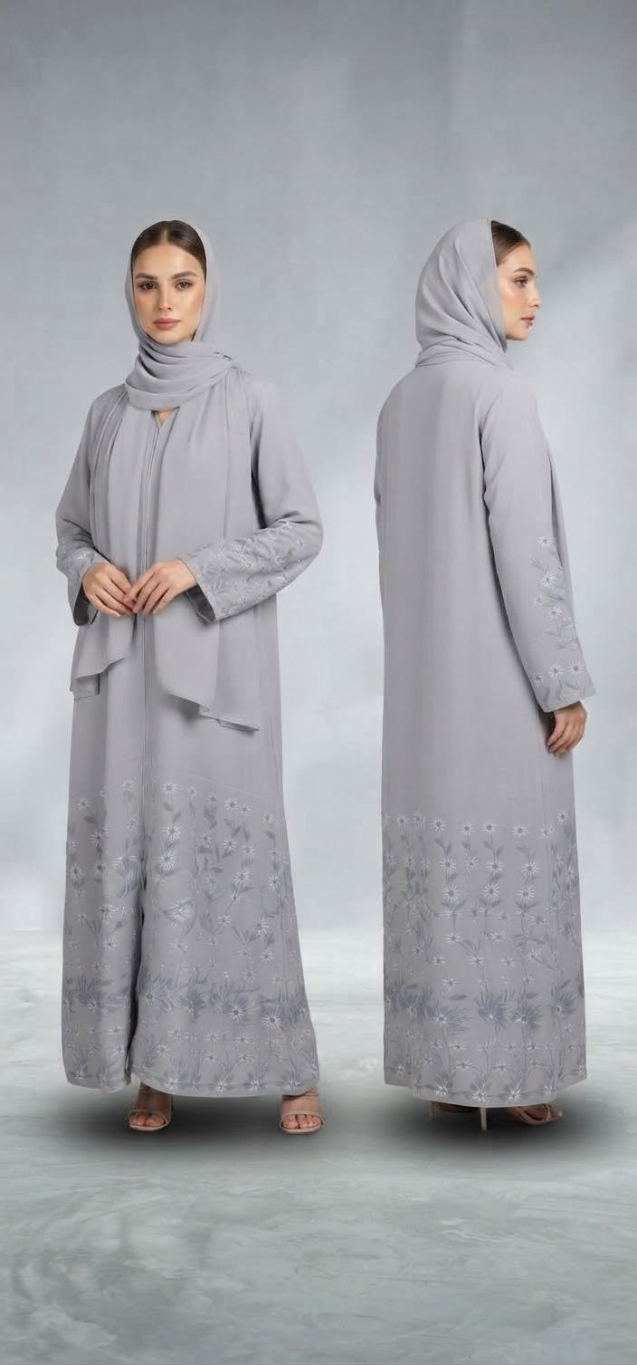 Open Abaya with Floral Embroidery