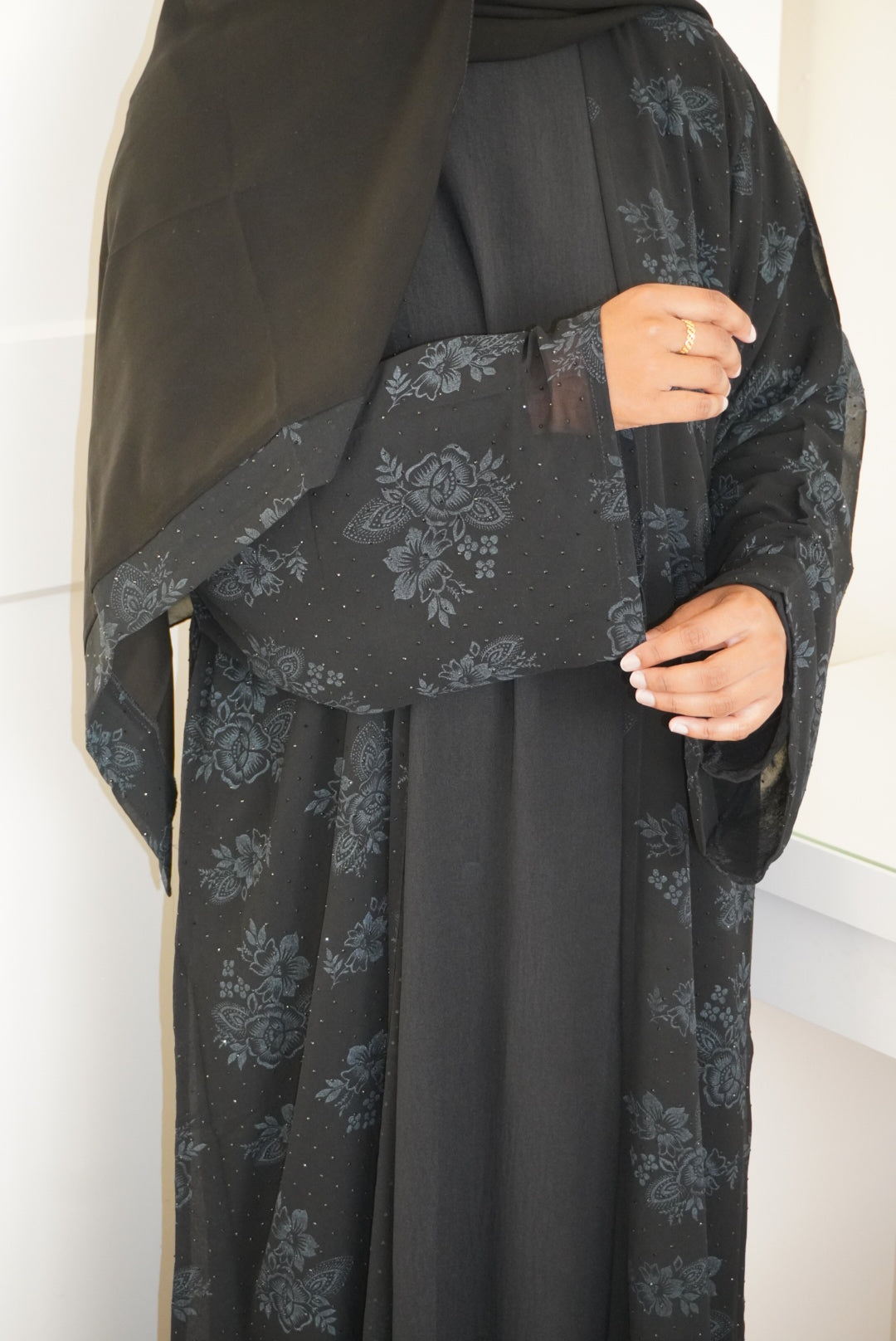 Fatisa Chiffon Gems Abaya with Black Scarf and Inner Slip Dress
