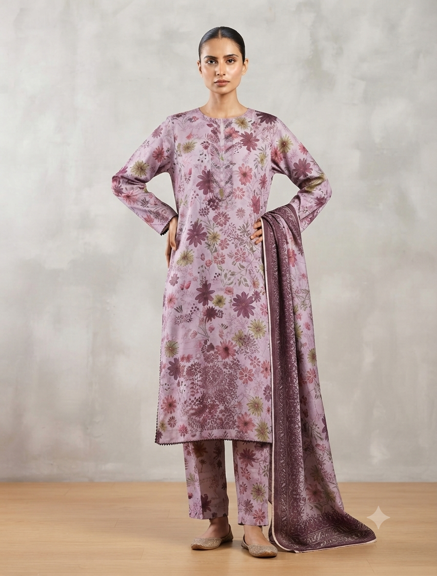 Elegant Winter Three-Piece Print, Embroidery & Sequin Work Suit