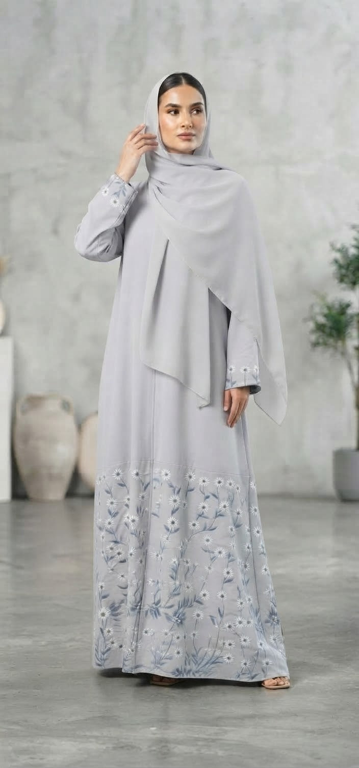 Open Abaya with Floral Embroidery