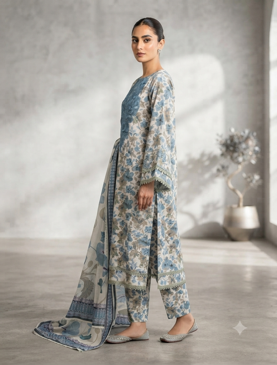 Elegant Winter Three-Piece Print, Embroidery & Sequin Work Suit