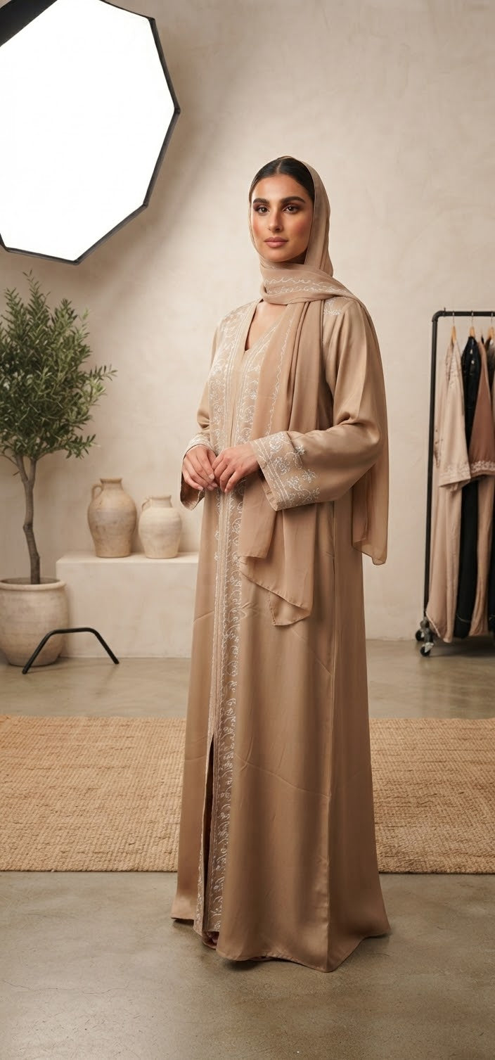 Fatiisa Embroidered Open Abaya with Matching Scarf