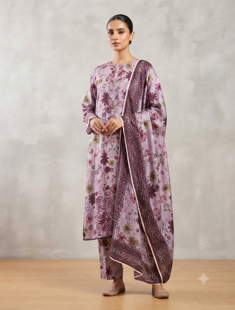 Elegant Winter Three-Piece Print, Embroidery & Sequin Work Suit
