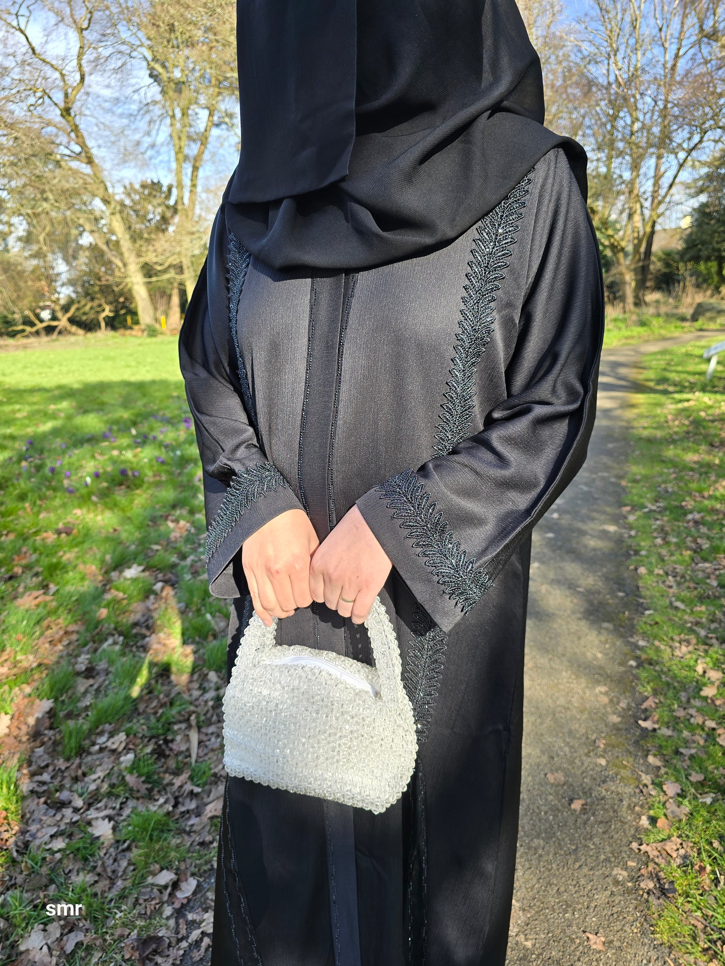 Eid Beautiful Emirati Lace Floral Buttons Open Abaya With Scarf And Belt