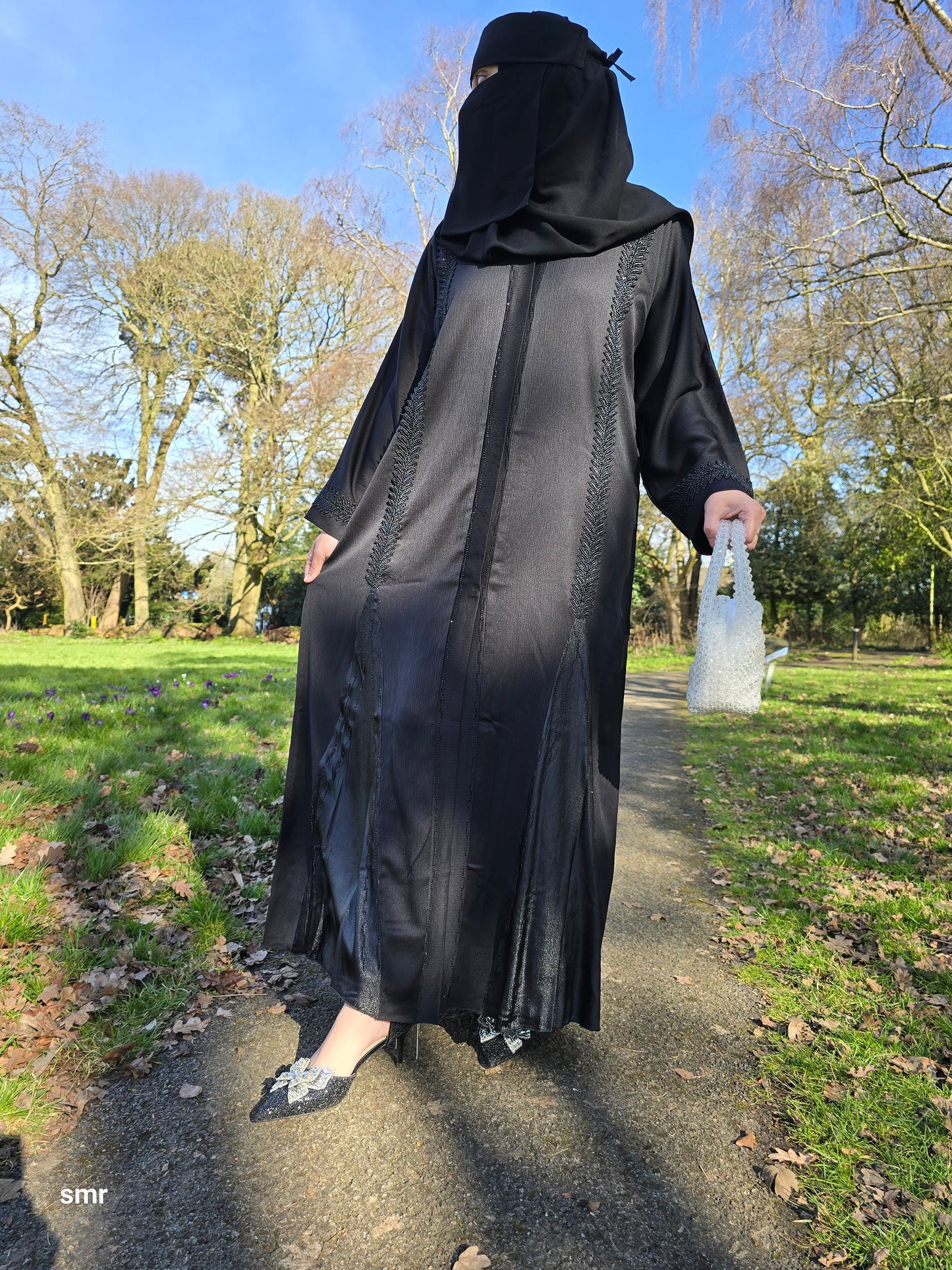 Eid Beautiful Emirati Lace Floral Buttons Open Abaya With Scarf And Belt