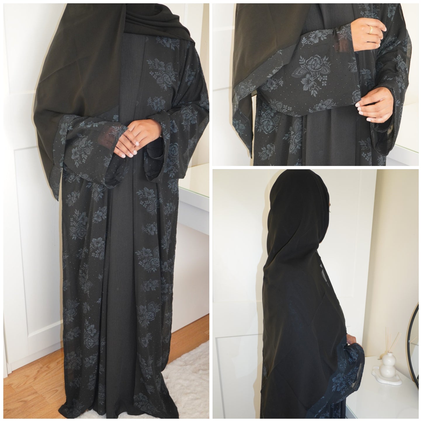Fatisa Chiffon Gems Abaya with Black Scarf and Inner Slip Dress